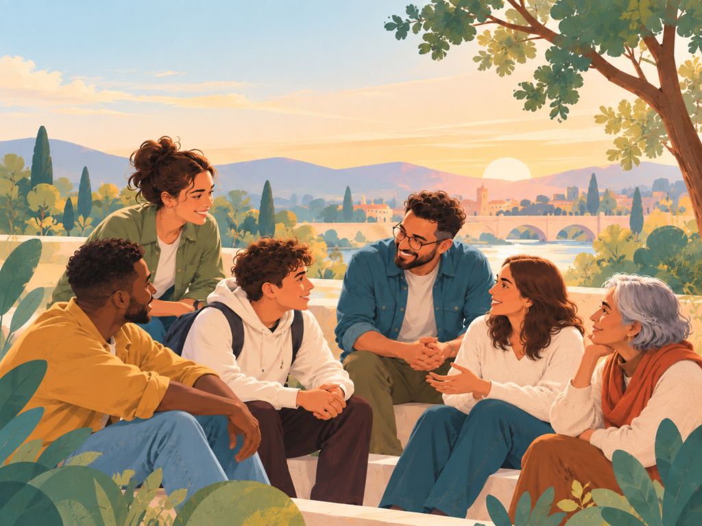 Ilustración de un grupo diverso de personas conversando al aire libre al atardecer