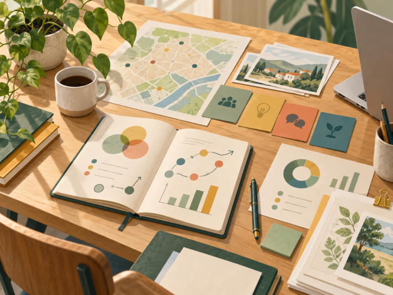 Ilustración de una mesa de trabajo con mapas, cuaderno, gráficos y materiales de planificación de proyectos sociales