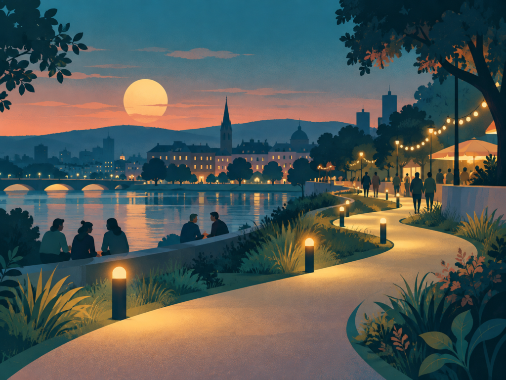 Ilustración nocturna de un paseo junto al río para representar la prevención en espacios de ocio