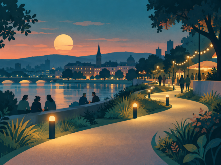 Ilustración nocturna de un paseo junto al río para representar la prevención en espacios de ocio