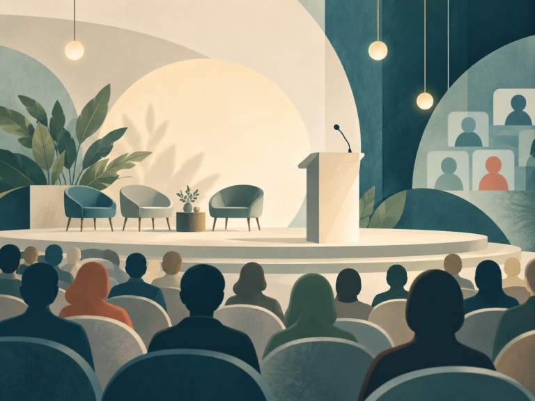Ilustración de una jornada profesional con público presencial y participación online