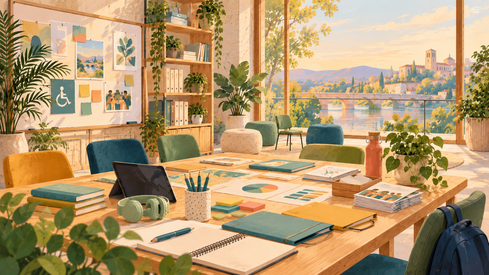 Ilustración editorial de un espacio de trabajo preparado para desarrollar proyectos sociales, con materiales de planificación y recursos accesibles