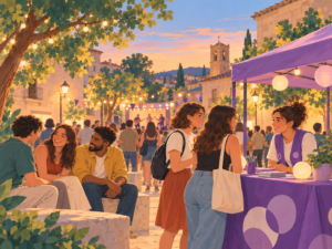 Ilustración editorial de un Punto Violeta en un entorno festivo
