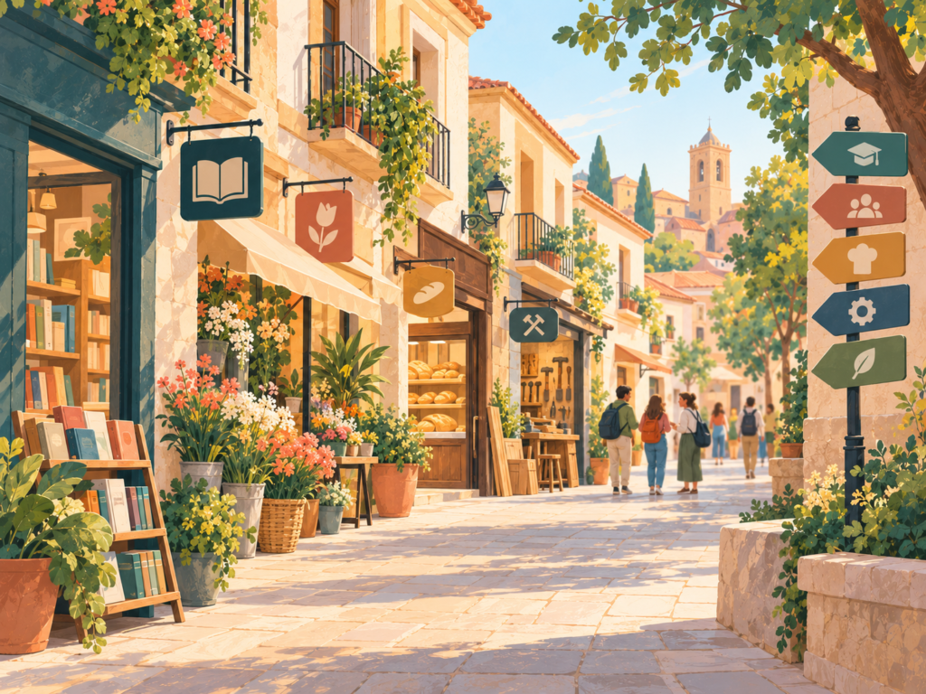 Ilustración editorial de una calle luminosa con comercios, libros y referencias visuales a distintos oficios para representar igualdad y profesiones