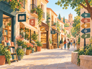 Ilustración editorial de una calle con referencias visuales a distintos oficios para trabajar igualdad y profesiones