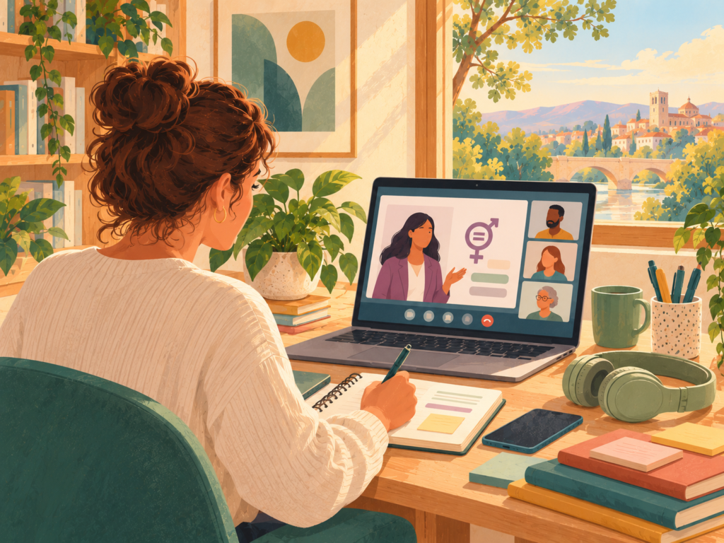 Ilustración editorial de una sesión de formación virtual sobre igualdad, con portátil, cuaderno y materiales de trabajo en un espacio luminoso