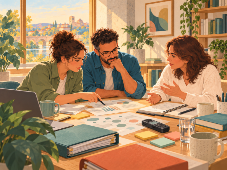 Ilustración editorial de un equipo profesional analizando documentos y datos en una reunión de investigación sobre necesidades y respuesta ante la trata