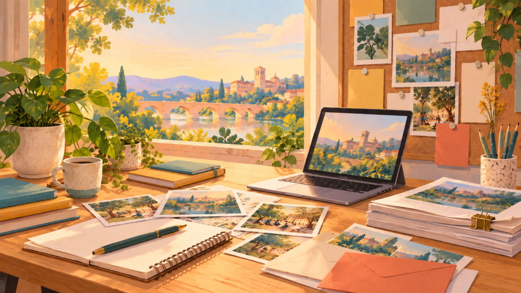 Ilustración editorial de una mesa de comunicación con portátil, cuaderno y materiales visuales para compartir novedades de ADASCI